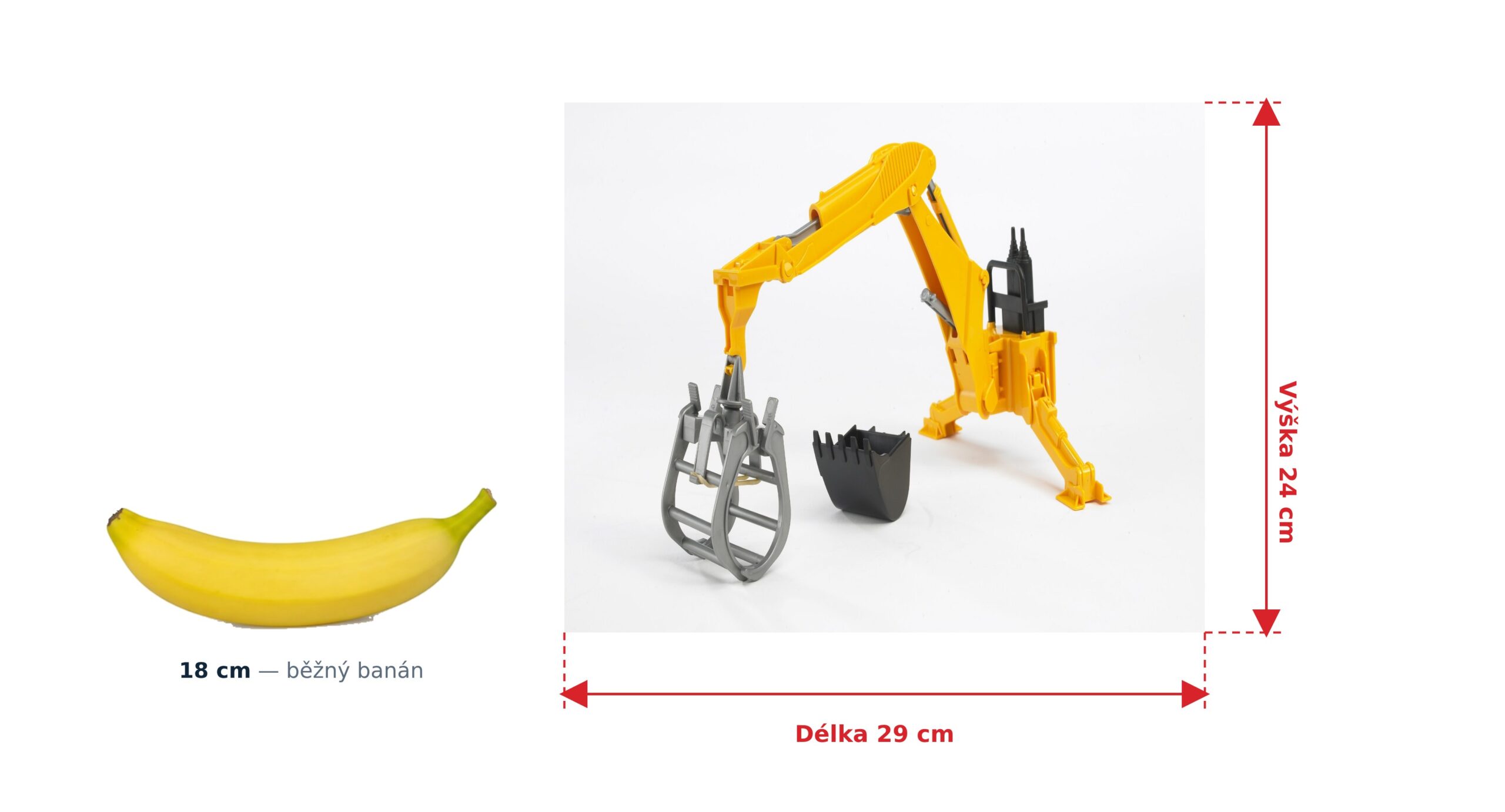 Závěsný bagr / nakladač za traktor - Bruder 02338 2 Závěsný bagr / nakladač za traktor - Bruder 02338 — skutečná velikost 29 × 18 × 24 cm, porovnání s banánem