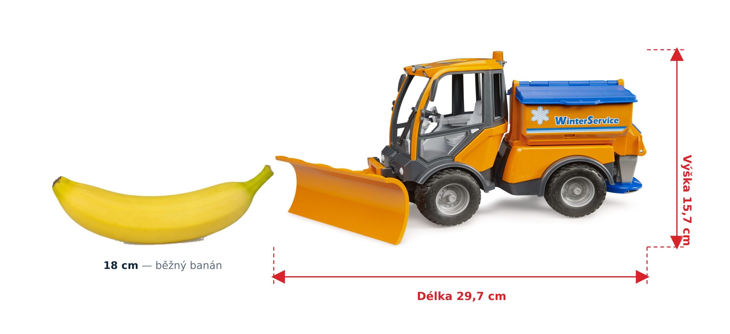 Zimní údržba VarioCar s radlicí a sypačem - Bruder 02690 2 Zimní údržba VarioCar s radlicí a sypačem - Bruder 02690 — skutečná velikost 29,7 × 14 × 15,7 cm, porovnání s banánem